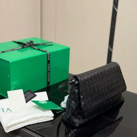Bottega Veneta Intrecciato Foldover Clutch Black Clutch