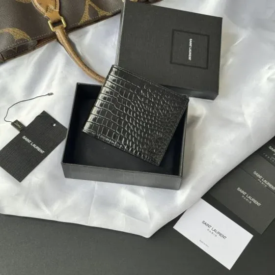 YSL Tiny Cassandre East West Wallet In Crocodile-Embossed Leathe Black Wallet