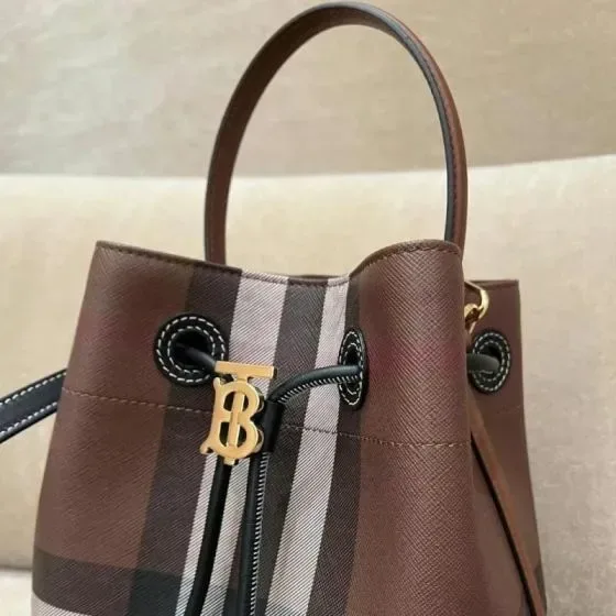 Burberry Check Drawstring Bucket Bag Brown Crossbody