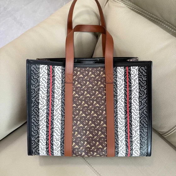 Burberry Monogram Stripe E-Tela Tote Marrone/Nero/Bianco/Rosso/Marrone Pelle Borsa tote