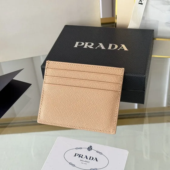 Prada Saffiano Couro Card Holder Bege Card Holder