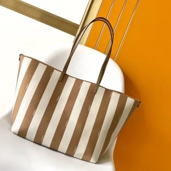 Fendi Crystalia Tote Brown White Stripe Tote Bag