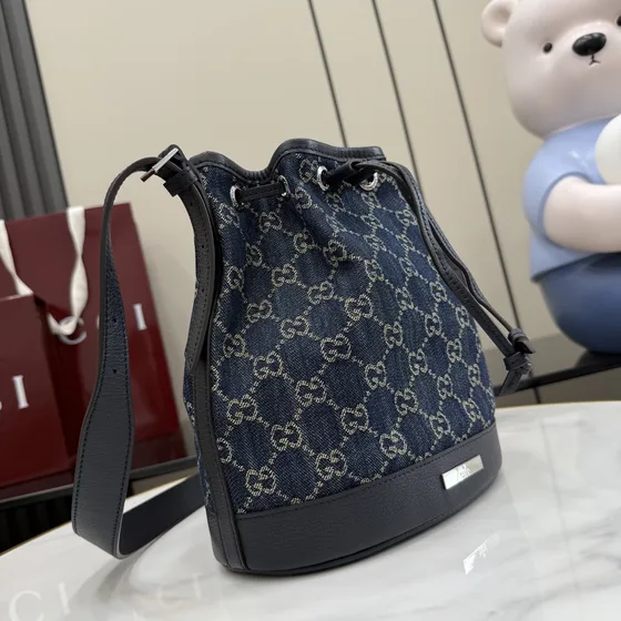 Gucci Gg Denim Bucket Bag Dark Blue Black Shoulder Bag