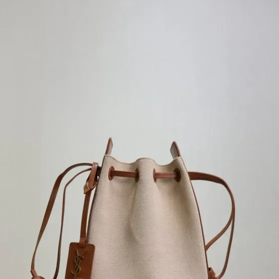 YSL Ysl Mini Canvas Bucket Bag Beige Brown Shoulder Bag