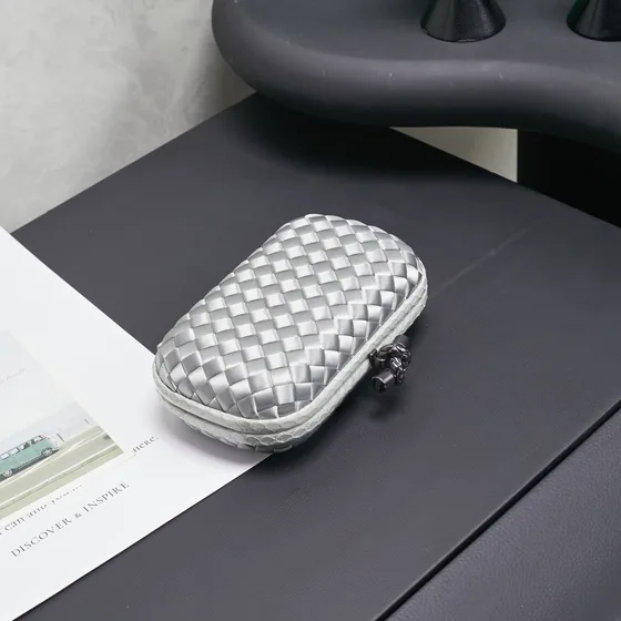 Bottega Veneta Intreccio Satin Knot Clutch Silver Clutch