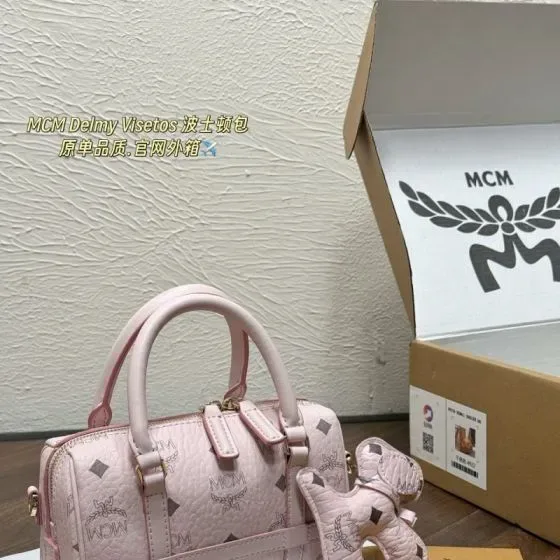 MCM Delmy Visetos Boston Bag Light Pink Top Handle