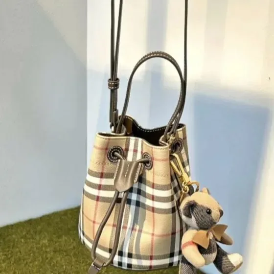 Burberry Check Drawstring Bucket Bag Vintage Check Beige Crossbody