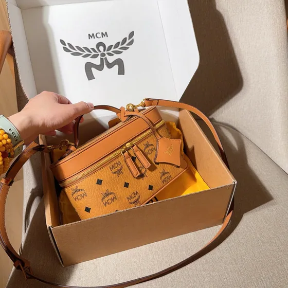 MCM Aren Visetos Cosmetic Case Crossbody Cognac Brown Crossbody