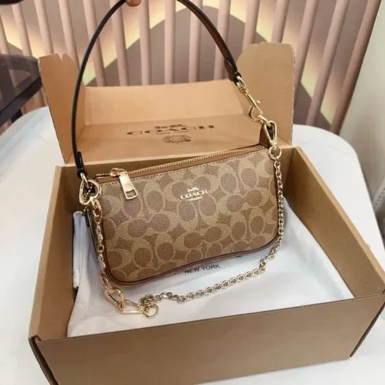 Coach Signature Canvas Chain Wristlet Khaki Brown Pouch