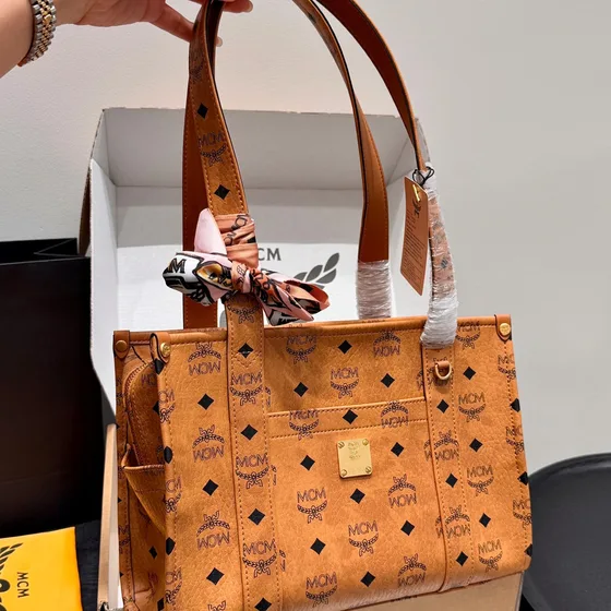 MCM Aren Tote In Visetos Cognac Tote Bag