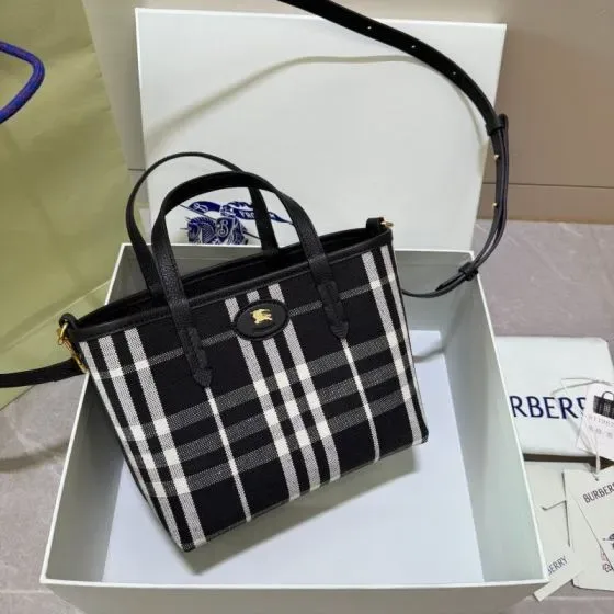 Burberry Mini Horseferry Check Tote Black White Tote Bag