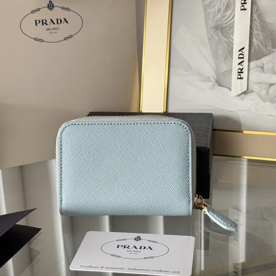 Prada Saffiano Zip Around Coin Purse Light Blu Coin Purse