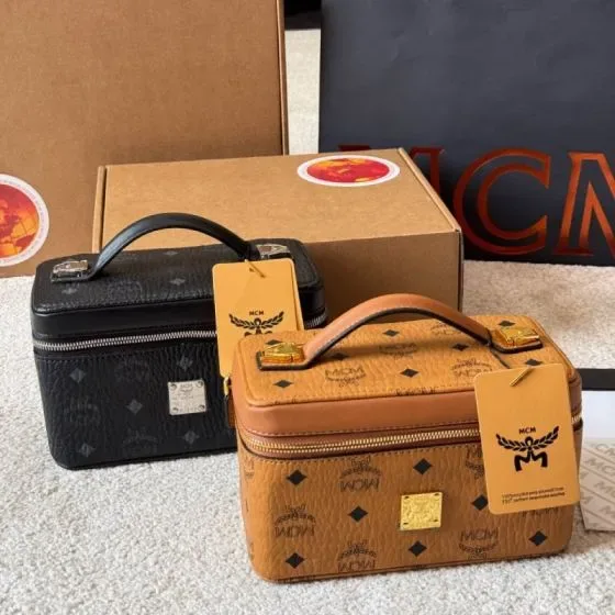 MCM Aren Visetos Cosmetic Case Cognac Black Top Handle