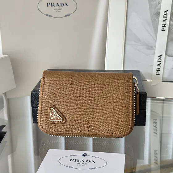 Prada Saffiano Leather Zip Key Case Camel Brown Coin Purse