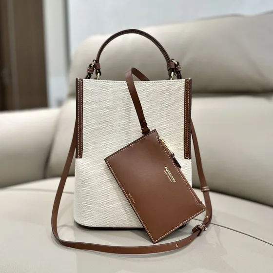 Burberry Mini Tela Logo Borsa tote Bianco With Marrone Trim Manico