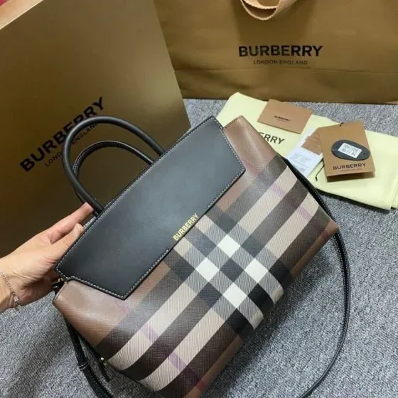 Burberry Banner Tote Black Brown Check Top Handle