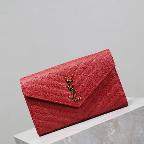 YSL Cassandre Matelass Envelope Chain Wallet Red Woc