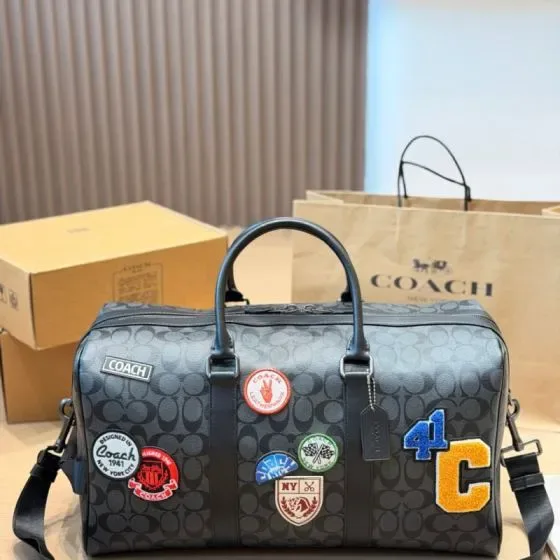 Coach Venture Weekender In Signature Canvas With Patches Charcoal Black Duffle Bag