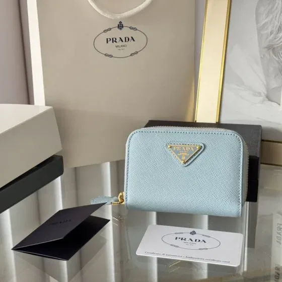 Prada Saffiano Zip Around Coin Purse Light Blue Coin Purse