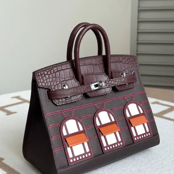 Hermes Birkin Faubourg Sellier 20 Borgoña/Blanco/Naranja 20cm Asa superior
