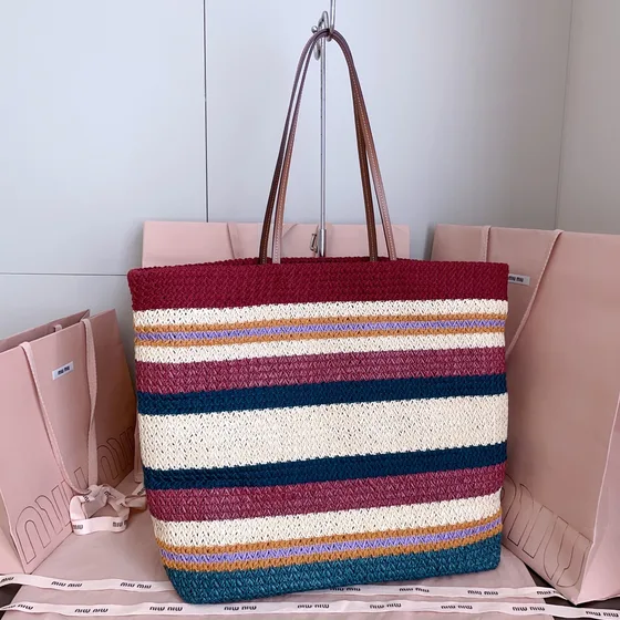 Miu Miu Raffia-Effect Woven Fabric Sac cabas Multicolore Stripe Sac cabas