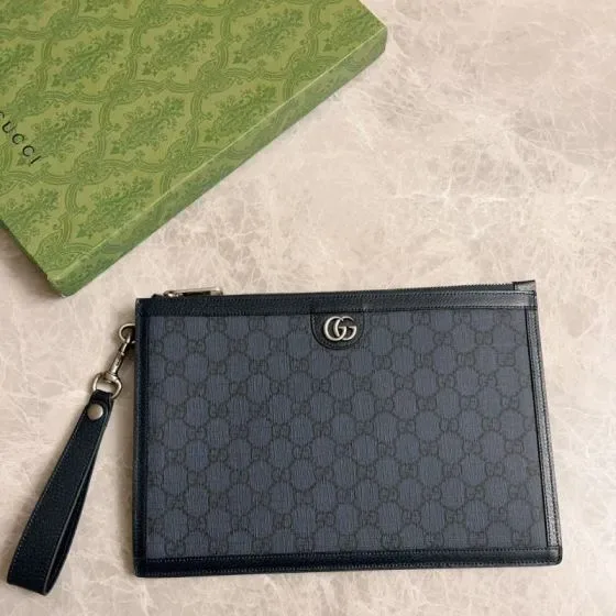 Gucci Gg Marmont Pouch With Wrist Strap Black Blue Gg Canvas Pouch