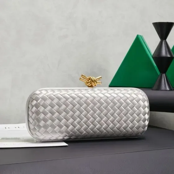 Bottega Veneta Intreccio Silk Knot Clutch White Clutch