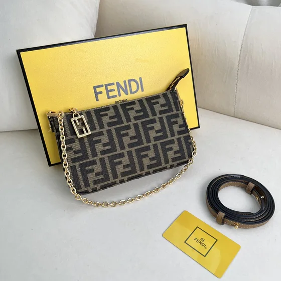 Fendi Ff Motif Chain Pouch With Strap Brown Grey Ff Jacquard Pouch