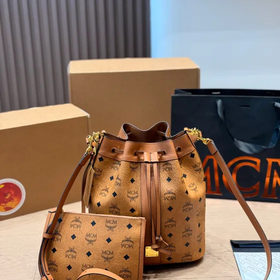 MCM Visetos Drawstring Bucket Bag Cognac (The Front One, Also There'S A Bl Crossbody Bucket Bag (Crossbody/Shoulder