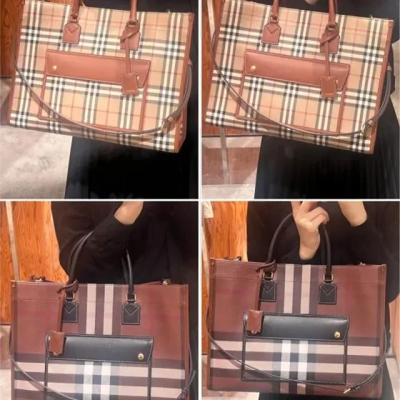 Burberry Check And Leather Freya Tote Beige Birch Brown Tote Bag