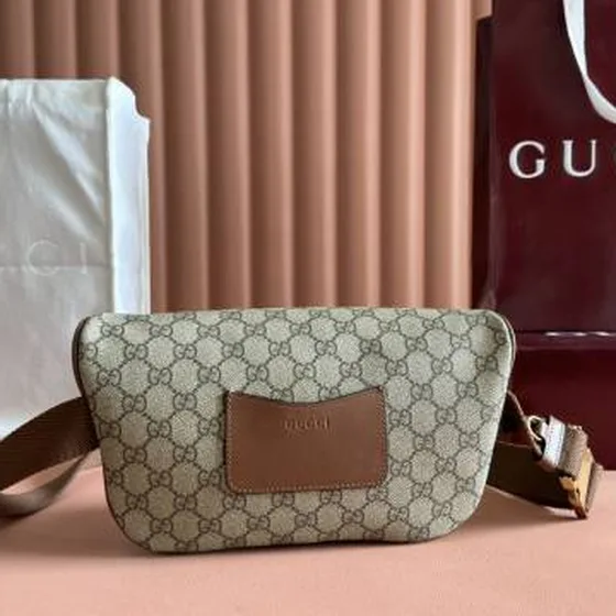Gucci GG Emblem GG Supreme beige ebony with brown leather crossbody