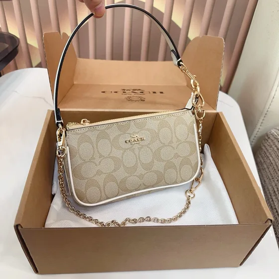 Coach Signature Tela Chain Wristlet Khaki/Marrone Portaoggetti