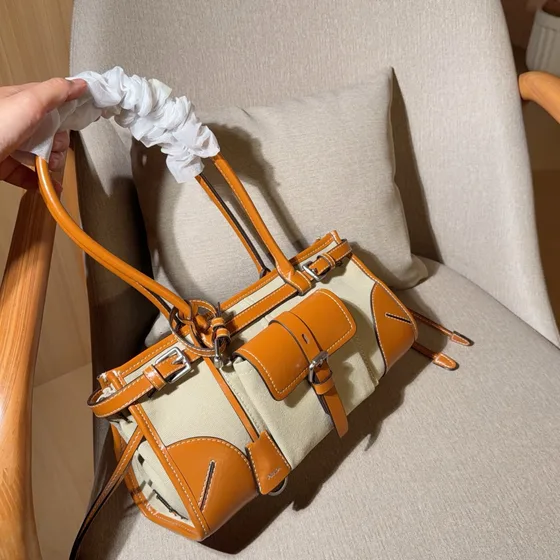 Prada Canvas And Leather Buckle Top Handle Bag With Shoulder Strap Beige Tan Top Handle