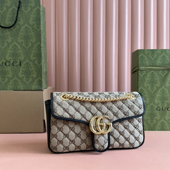Gucci Gg Marmont Small Skulderveske Beige Lerret With Marineblå Skinn Trim Skulderveske