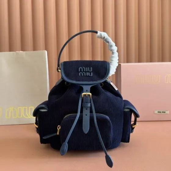 Miu Miu Corduroy Pocket Backpack Navy Blue Backpack