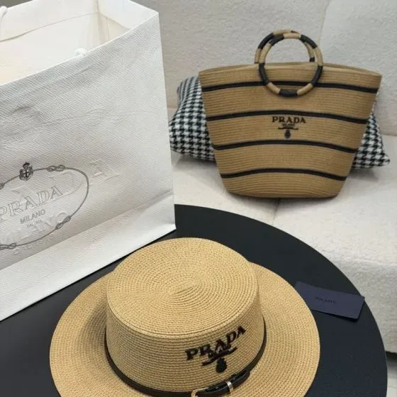 Prada Striped Raffia Tote Beige Tote Bag
