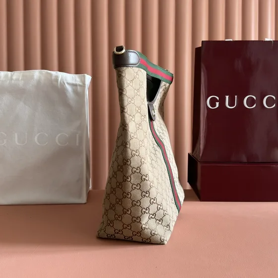 Gucci Gg قماش Web Cut-Out Handle Tote Bag With Pouch بيج/بني/أخضر/أحمر Tote Bag