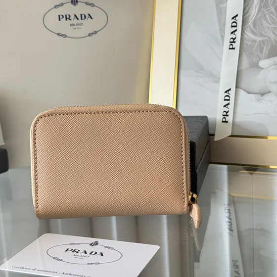 Prada Saffiano Metal Zip Coin Purse Beige Coin Purse