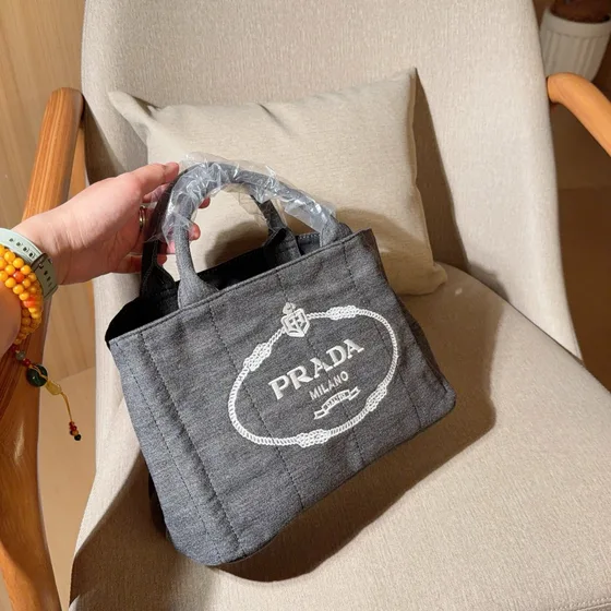 Prada Canvas Embroidered Logo Top Handle Bag Grey Top Handle