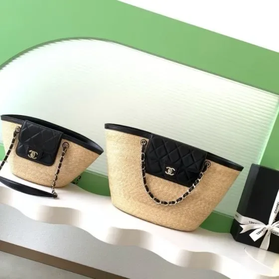 Chanel Coco Beach Straw Basket Tote Beige Black Tote Bag