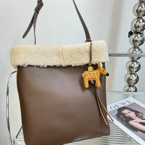 Loewe Fawn Charm In Felt And Calfskin Brown Pouch