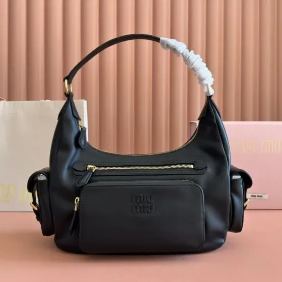 Miu Miu Leather Pocket Hobo Bag Black Hobo