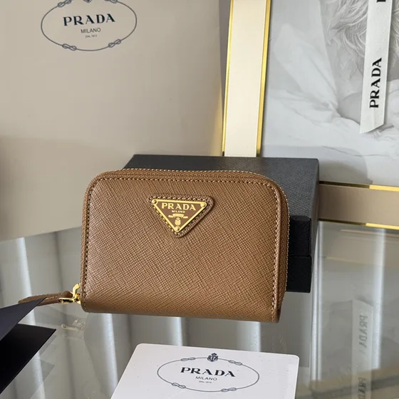 Prada Saffiano Triangle Logo Zip Coin Purse Caramel Brown Coin Purse