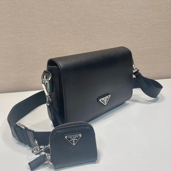 Prada Saffiano Kulit Shoulder Bag With Pouch Hitam Crossbody