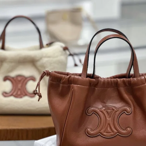Celine Cabas Drawstring Cuir Triomphe Marrom Bolsa tote