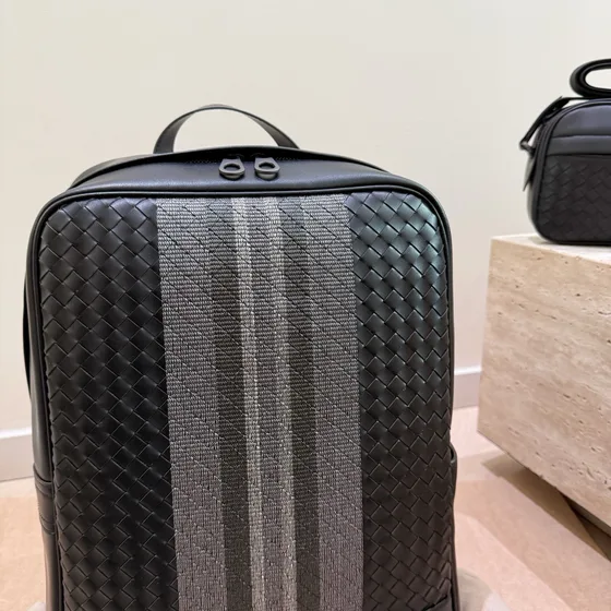 Bottega Veneta Intrecciato Striped Backpack Black Grey Backpack