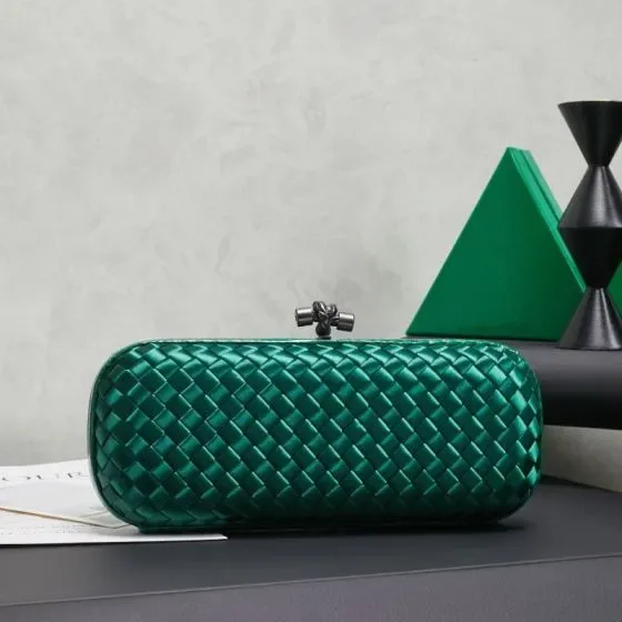 Bottega Veneta Intreccio Satin Knot Clutch Emerald Green Clutch