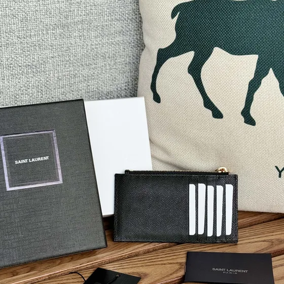 YSL Cassandre Matelass Fragments Zipped Card Case Black Card Holder