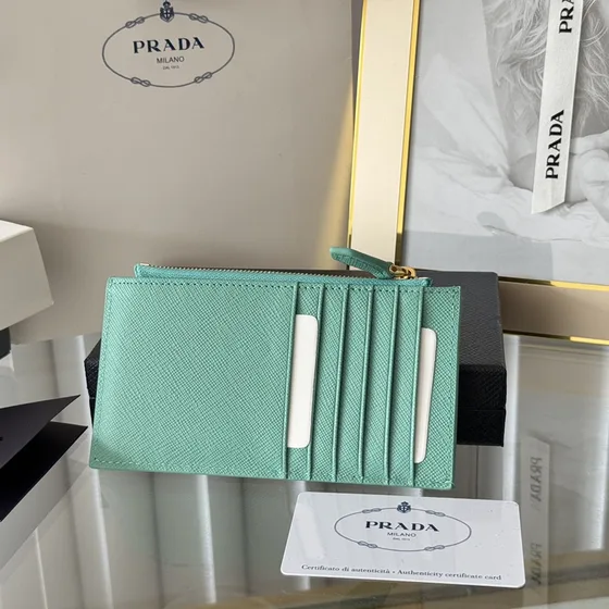 Prada Saffiano Couro Card Holder With Zipper Pocket Mint Verde Card Holder