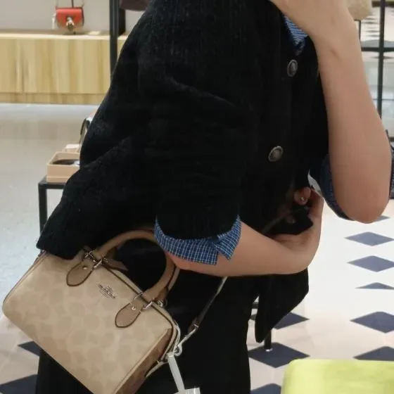 Coach Mini Rowan Satchel In Blocked Signature Canvas Beige Brown Top Handle